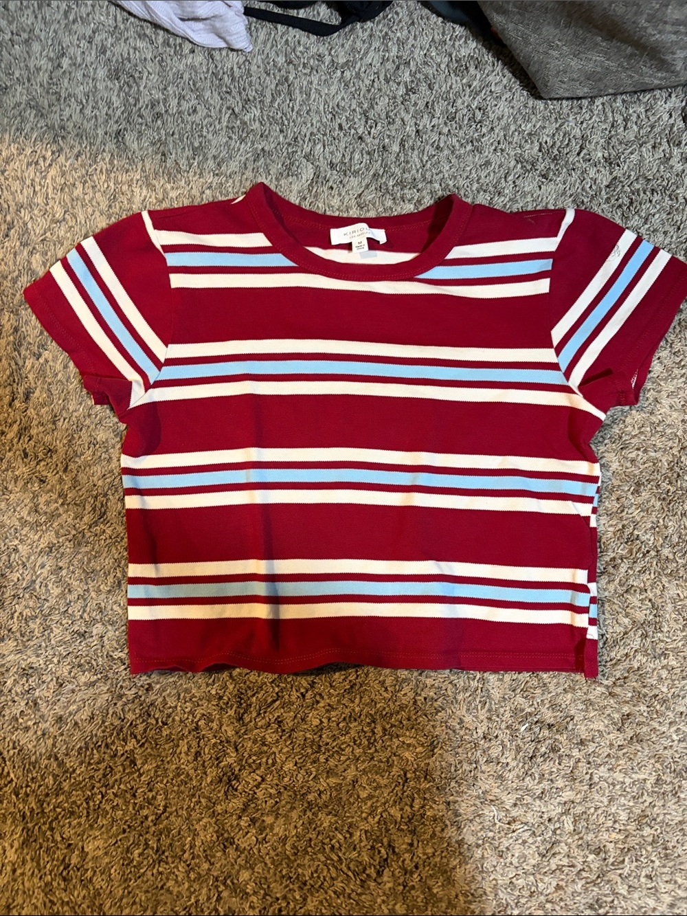 Red Striped Short Sleeve Tee with White and Light Blue Accents
